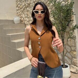 Sleeveless Brown Button Front Collared Top